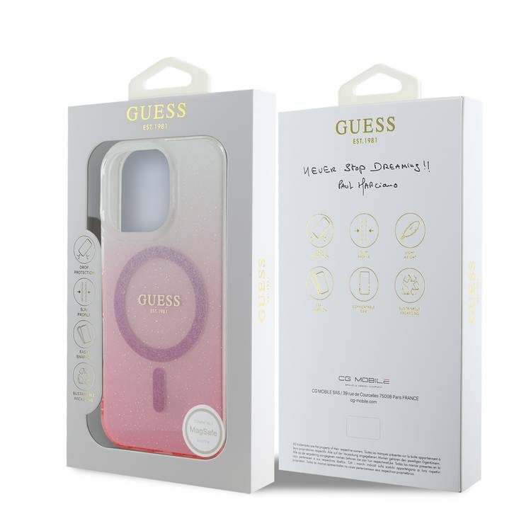 GUESS Magsafe IML Glitter Gradient Hard Case for iPhone 16 Pro Max, Slim Profile, Easy Snap-On, Drop Protection - Pink