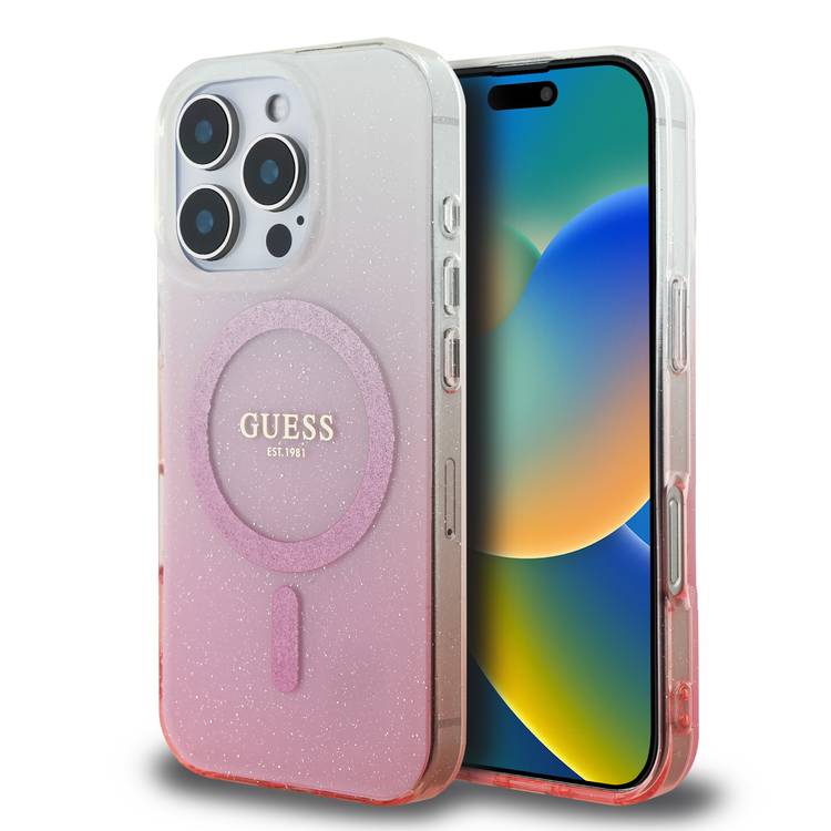 GUESS Magsafe IML Glitter Gradient Hard Case for iPhone 16 Pro Max, Slim Profile, Easy Snap-On, Drop Protection - Pink