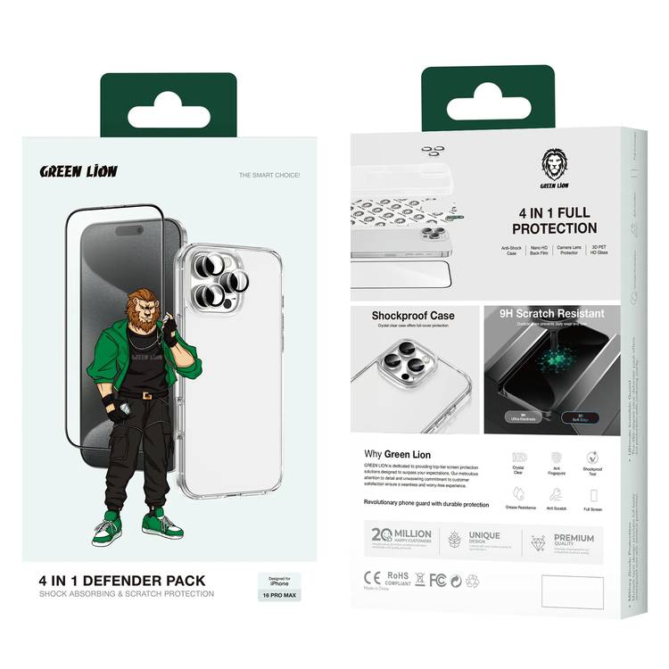 Green Lion 4-in-1 Defender Pack for iPhone 16 Pro, Anti-Shock Case, Nano HD Full Protection, Camera Lens Film, 3D Pet HD Glass - Silver
