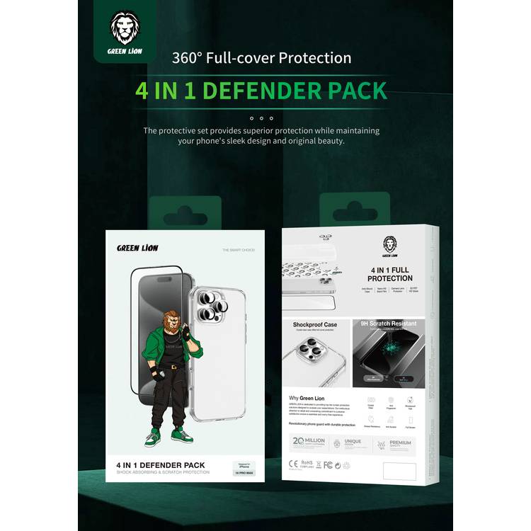 Green Lion 4-in-1 Defender Pack for iPhone 16 Pro, Anti-Shock Case, Nano HD Full Protection, Camera Lens Film, 3D Pet HD Glass - Silver