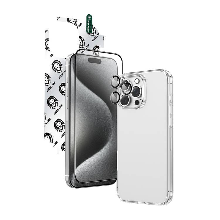 Green Lion 4-in-1 Defender Pack for iPhone 16 Pro, Anti-Shock Case, Nano HD Full Protection, Camera Lens Film, 3D Pet HD Glass - Silver