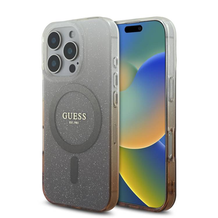 GUESS Magsafe IML Glitter Gradient Hard Case for iPhone 16 Pro, Slim Profile, Easy Snap-On, Drop Protection - Brown