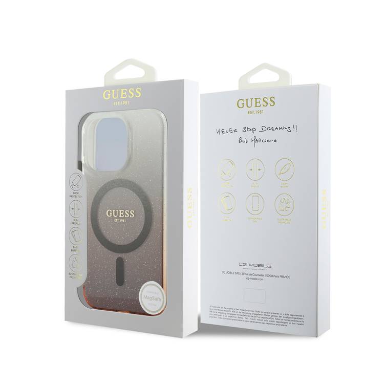 GUESS Magsafe IML Glitter Gradient Hard Case for iPhone 16 Pro, Slim Profile, Easy Snap-On, Drop Protection - Brown