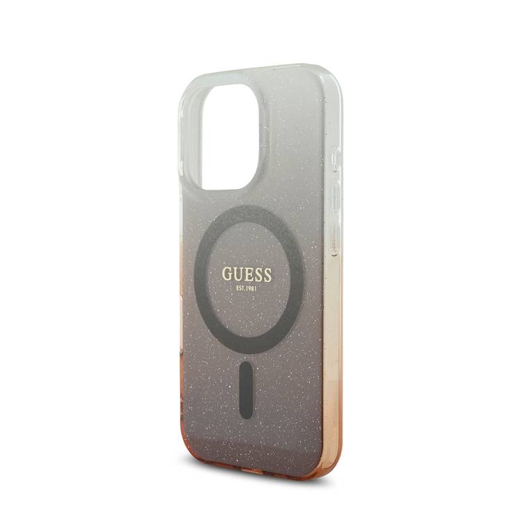GUESS Magsafe IML Glitter Gradient Hard Case for iPhone 16 Pro, Slim Profile, Easy Snap-On, Drop Protection - Brown