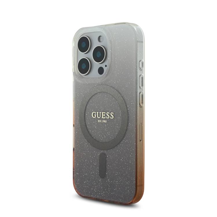 GUESS Magsafe IML Glitter Gradient Hard Case for iPhone 16 Pro, Slim Profile, Easy Snap-On, Drop Protection - Brown