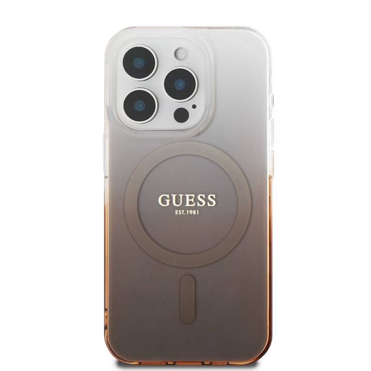 GUESS Magsafe IML Glitter Gradient Hard Case for iPhone 16 Pro, Slim Profile, Easy Snap-On, Drop Protection - Brown