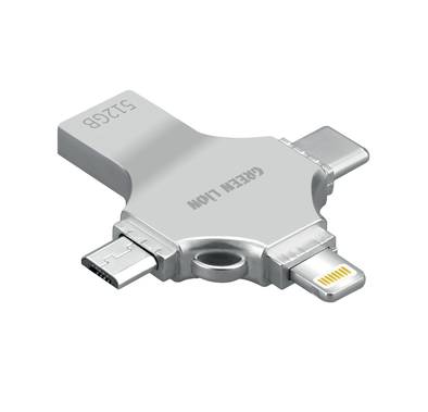 Green Lion 4-in-1 USB Flash Drive 512GB with High Speed Data Transfer, USB-A, USB-C, Micro USB & Lightning Connectors - Silver