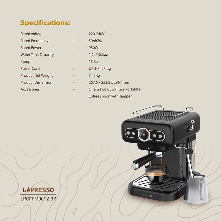 LePresso Coffee Machine with 1.2L Water Tank Capacity, 950W Rated Power, 15 Bars Pump Pressure, Washable Drip Tray, Steam Control - Black