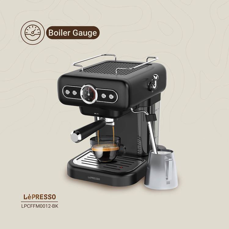 LePresso Coffee Machine with 1.2L Water Tank Capacity, 950W Rated Power, 15 Bars Pump Pressure, Washable Drip Tray, Steam Control - Black