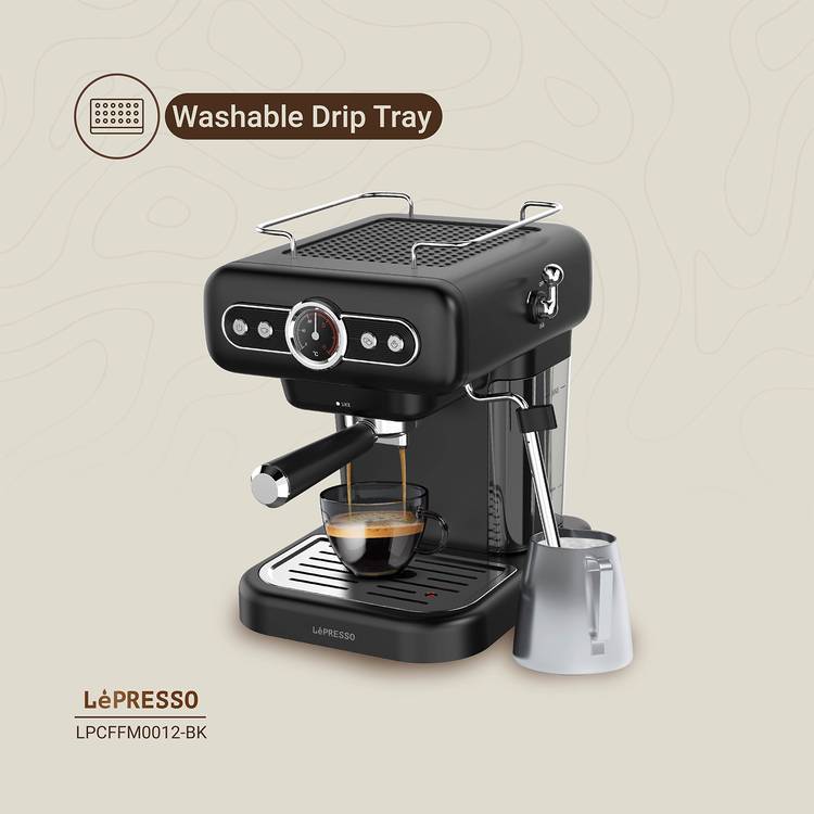 LePresso Coffee Machine with 1.2L Water Tank Capacity, 950W Rated Power, 15 Bars Pump Pressure, Washable Drip Tray, Steam Control - Black