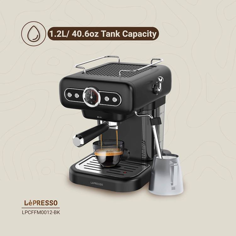 LePresso Coffee Machine with 1.2L Water Tank Capacity, 950W Rated Power, 15 Bars Pump Pressure, Washable Drip Tray, Steam Control - Black