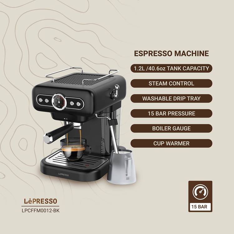 LePresso Coffee Machine with 1.2L Water Tank Capacity, 950W Rated Power, 15 Bars Pump Pressure, Washable Drip Tray, Steam Control - Black