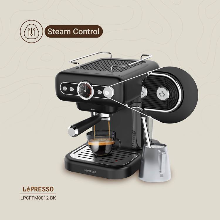 LePresso Coffee Machine with 1.2L Water Tank Capacity, 950W Rated Power, 15 Bars Pump Pressure, Washable Drip Tray, Steam Control - Black