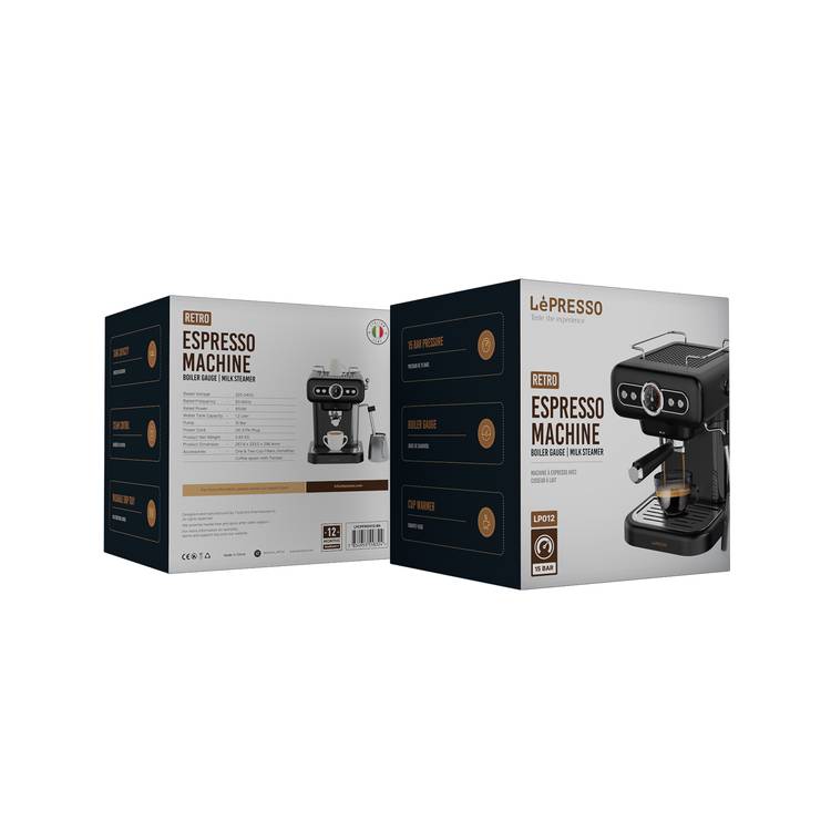 LePresso Coffee Machine with 1.2L Water Tank Capacity, 950W Rated Power, 15 Bars Pump Pressure, Washable Drip Tray, Steam Control - Black