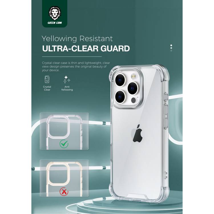 Green Lion Anti-Shock Case for  iPhone 16 Pro Max, HD Clarity, Precise Cutouts, Hybrid Protection, Drop Protection, Anti Scratch, Air Cushion - Clear 
