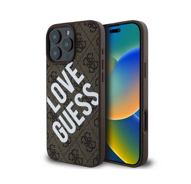 Guess PU 4G Hard Case with Big Love Guess Logo For iPhone 16 Pro Max, High Quality Material, Lightweight, Easy Snap-on - Brown