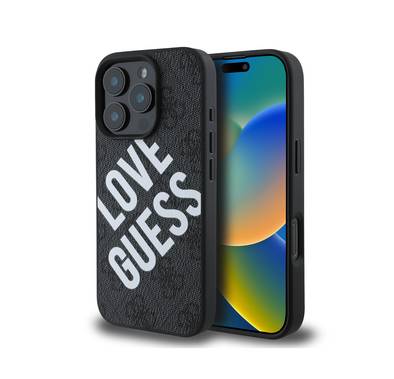 Guess PU 4G Hard Case with Big Love Guess Logo For iPhone 16 Pro Max, High Quality Material, Lightweight, Easy Snap-on - Black 