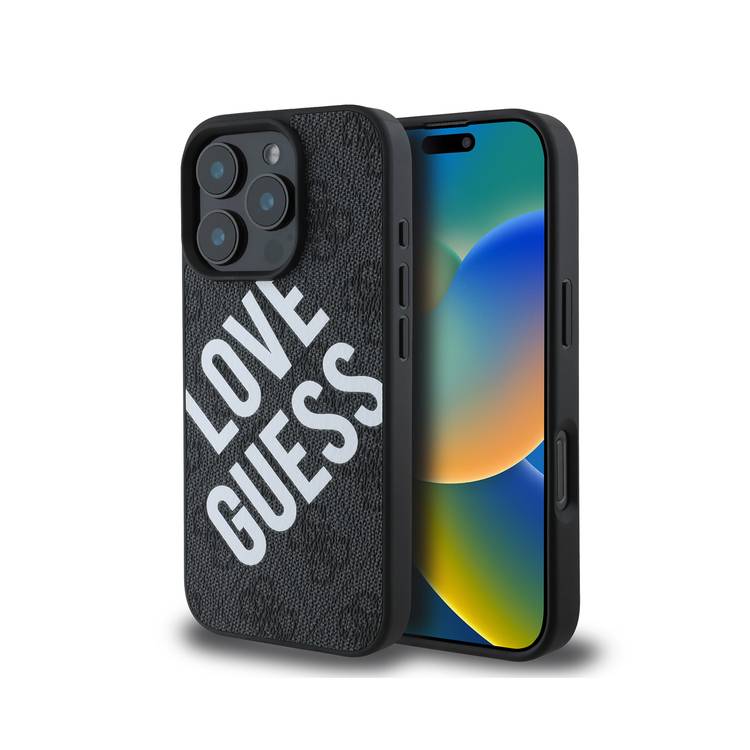 Guess PU 4G Hard Case with Big Love Guess Logo For iPhone 16 Pro Max, High Quality Material, Lightweight, Easy Snap-on - Black 