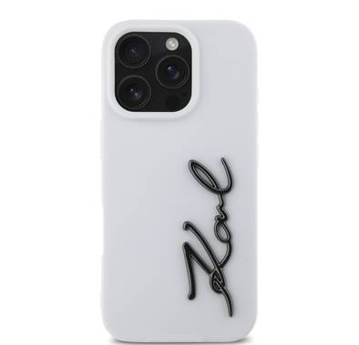 Karl Lagerfeld Silicone Case with Metal Signature Logo for iPhone 16 Pro, Drop Protection, Easy Snap On, Comfortable Grip - White