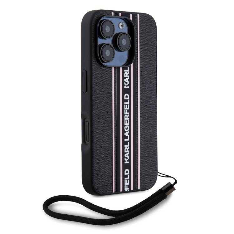 Karl Lagerfeld PU Hard Case with Athleisure Strips for iPhone 16 Pro Max, Lightweight, High-Quality Material, Comfortable and Secure Grip - Pink