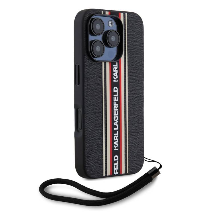 Karl Lagerfeld PU Hard Case with Athleisure Strips for iPhone 16 Pro Max, Lightweight, High-Quality Material, Comfortable and Secure Grip - Red