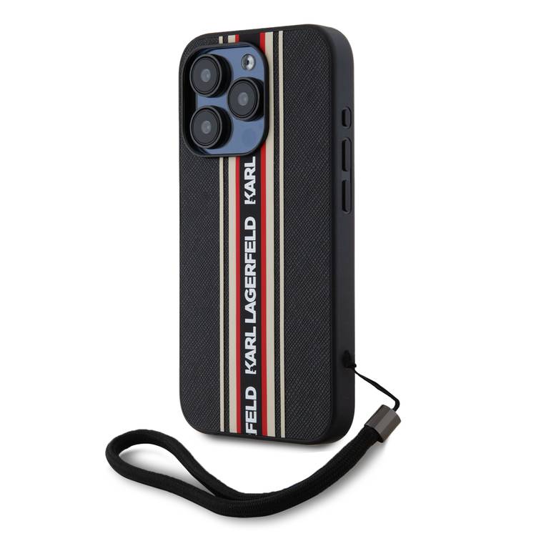Karl Lagerfeld PU Hard Case with Athleisure Strips for iPhone 16 Pro Max, Lightweight, High-Quality Material, Comfortable and Secure Grip - Red
