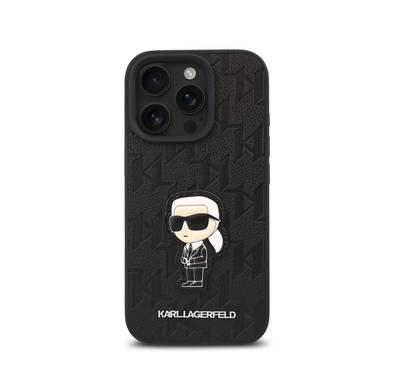 Karl Lagerfeld PU Hard Case for iPhone 16 Pro Max with Monogram Karl Patch, Drop Protection, Lightweight, Slim Profile, Comfortable Grip, Sustainable Packaging - Black
