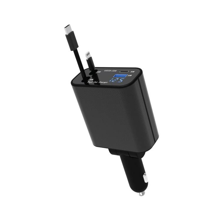 Green Lion 120W Car Charger with 80cm Retractable Cables, USB-C & USB-A Ports, Type-C & Lightning Cables, Digital Display, 180° Angle Adjustment - Black