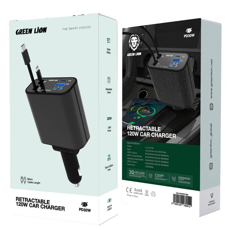 Green Lion 120W Car Charger with 80cm Retractable Cables, USB-C & USB-A Ports, Type-C & Lightning Cables, Digital Display, 180° Angle Adjustment - Black