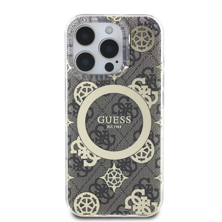 Guess Magsafe IML 4G Design Hard Case with Peony for iPhone 16 Pro Max, High Quality Material, Lightweight, Comfortable and Secure Grip - Brown