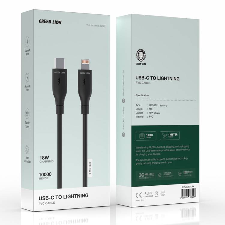 Green Lion USB-C to Lightning PVC Cable 1m, 480Mbps Transfer Speed, 18W, Fast Charging & Sync, More than 10,000 Bends Life Span, Safe & Secure - Black