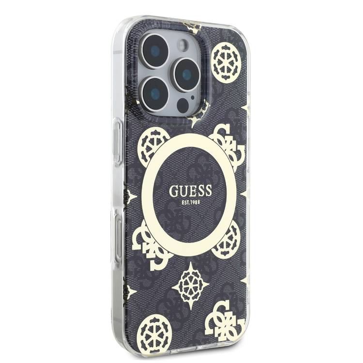 Guess Magsafe IML 4G Design Hard Case with Peony for iPhone 16 Pro , High Quality Material, Lightweight, Comfortable and Secure Grip - Black 
