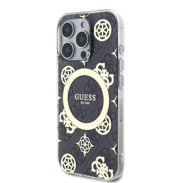 Guess Magsafe IML 4G Design Hard Case with Peony for iPhone 16 Pro , High Quality Material, Lightweight, Comfortable and Secure Grip - Black 