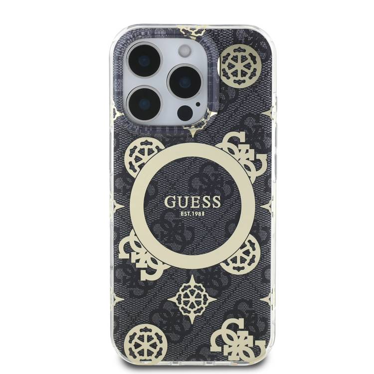 Guess Magsafe IML 4G Design Hard Case with Peony for iPhone 16 Pro , High Quality Material, Lightweight, Comfortable and Secure Grip - Black 