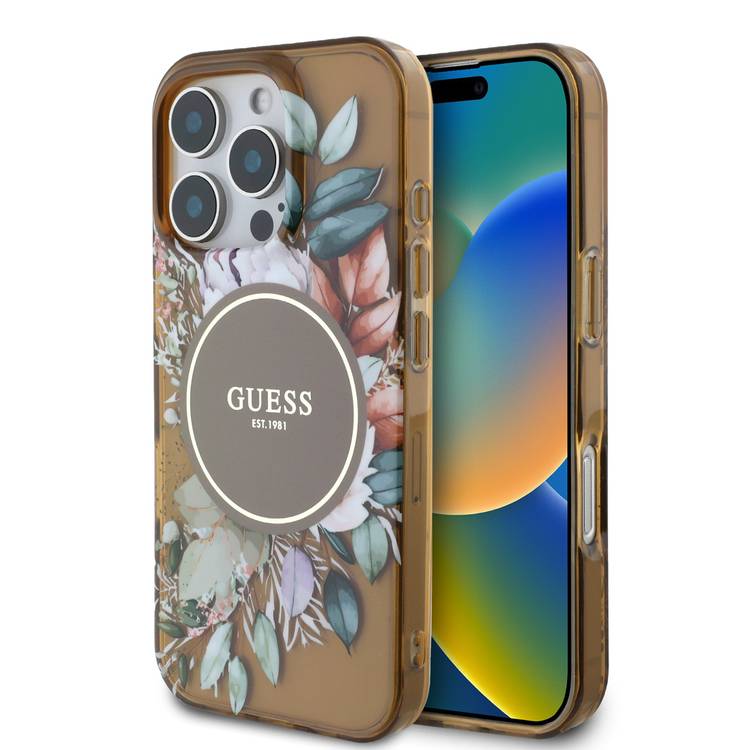Guess Magsafe IML Transparent Hard Case with Flower Design & Tonal Circle Logo for iPhone 16 Pro Max, Lightweight, High Quality Material - Brown