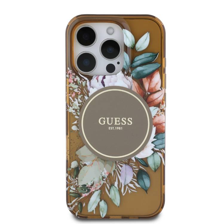 Guess Magsafe IML Transparent Hard Case with Flower Design & Tonal Circle Logo for iPhone 16 Pro Max, Lightweight, High Quality Material - Brown