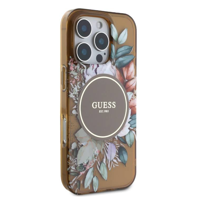 Guess Magsafe IML Transparent Hard Case with Flower Design & Tonal Circle Logo for iPhone 16 Pro Max, Lightweight, High Quality Material - Brown