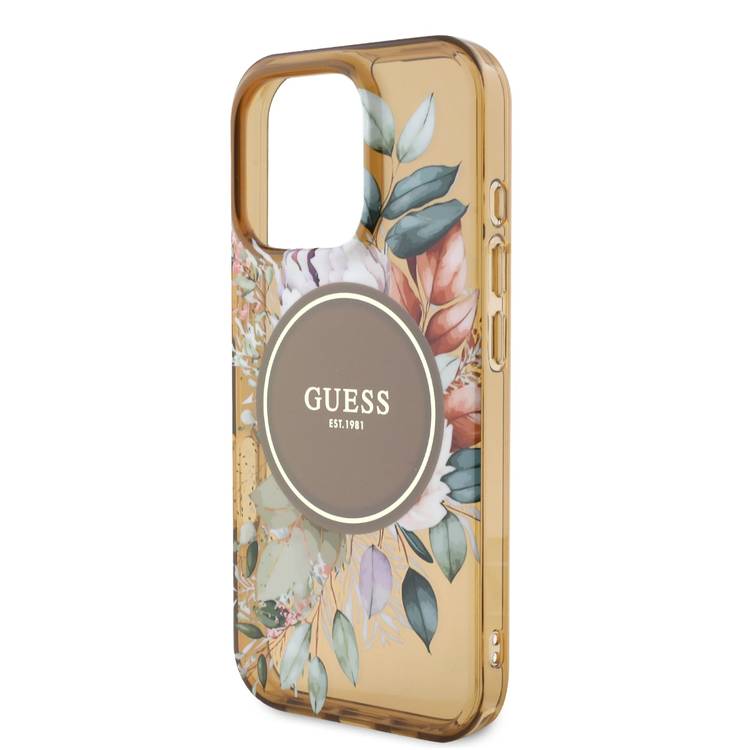 Guess Magsafe IML Transparent Hard Case with Flower Design & Tonal Circle Logo for iPhone 16 Pro Max, Lightweight, High Quality Material - Brown