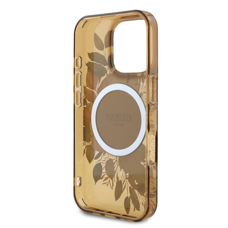 Guess Magsafe IML Transparent Hard Case with Flower Design & Tonal Circle Logo for iPhone 16 Pro Max, Lightweight, High Quality Material - Brown