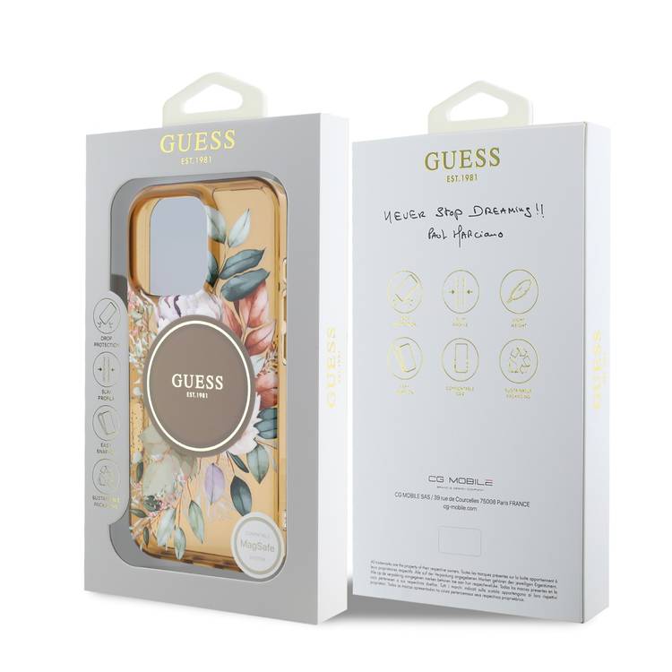 Guess Magsafe IML Transparent Hard Case with Flower Design & Tonal Circle Logo for iPhone 16 Pro Max, Lightweight, High Quality Material - Brown