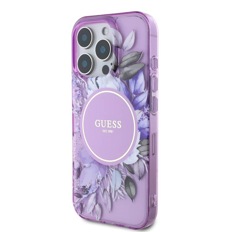 Guess Magsafe IML Transparent Hard Case with Flower Design & Tonal Circle Logo for iPhone 16 Pro, Lightweight, High Quality Material - Purple