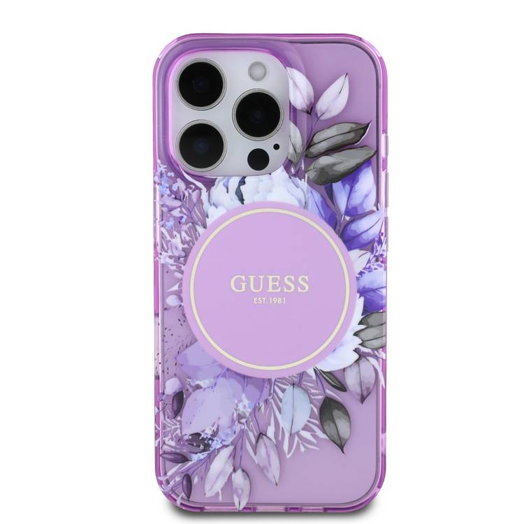 Guess Magsafe IML Transparent Hard Case with Flower Design & Tonal Circle Logo for iPhone 16 Pro, Lightweight, High Quality Material - Purple
