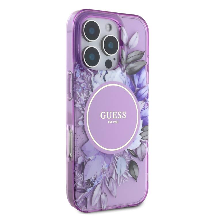 Guess Magsafe IML Transparent Hard Case with Flower Design & Tonal Circle Logo for iPhone 16 Pro, Lightweight, High Quality Material - Purple
