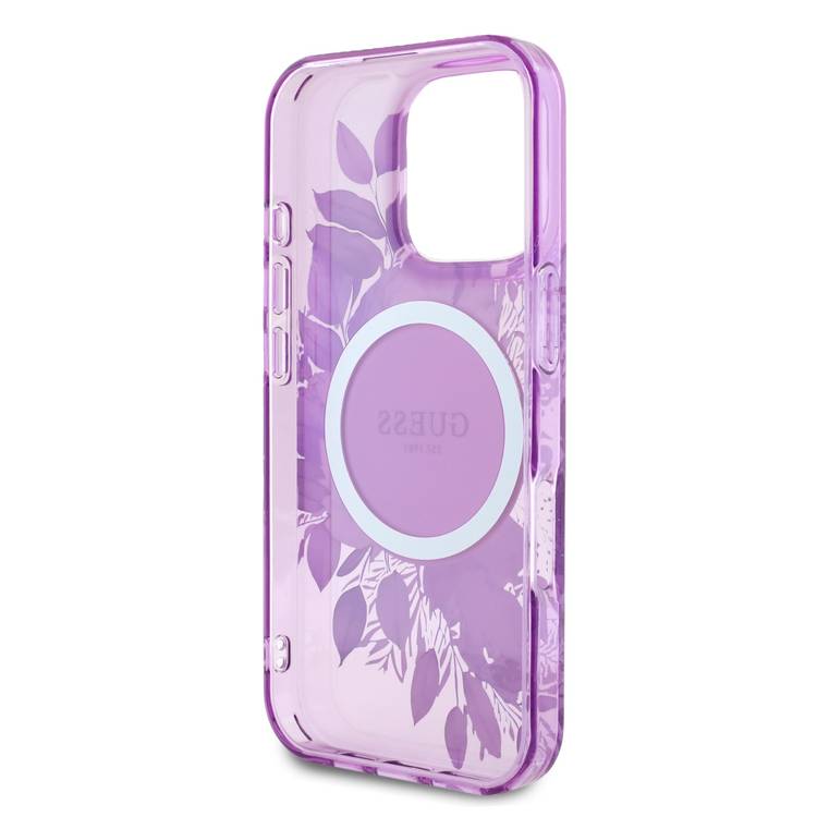 Guess Magsafe IML Transparent Hard Case with Flower Design & Tonal Circle Logo for iPhone 16 Pro, Lightweight, High Quality Material - Purple
