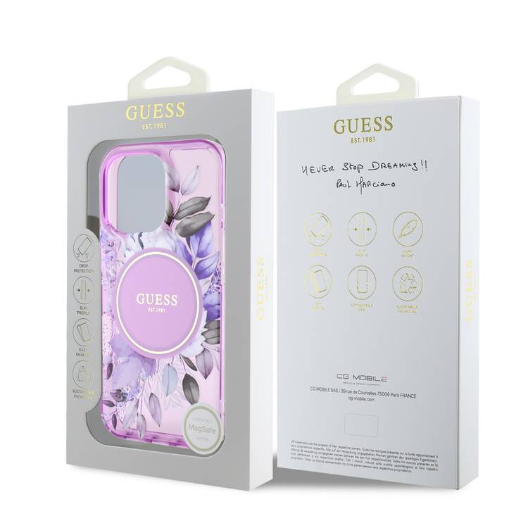 Guess Magsafe IML Transparent Hard Case with Flower Design & Tonal Circle Logo for iPhone 16 Pro, Lightweight, High Quality Material - Purple