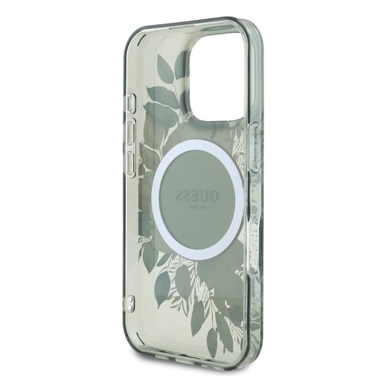 Guess Magsafe IML Transparent Hard Case with Flower Design & Tonal Circle Logo for iPhone 16 Pro, Lightweight, High Quality Material - Green