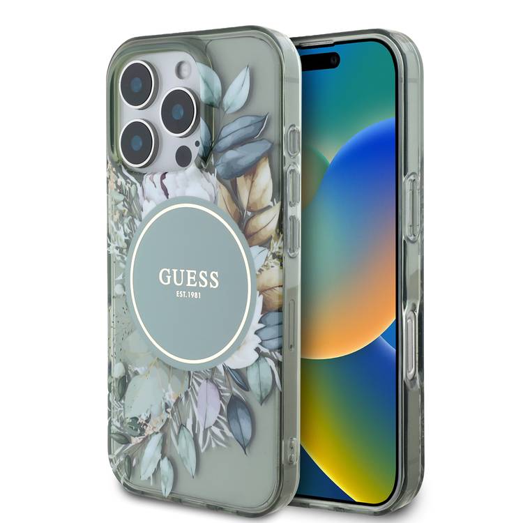 Guess Magsafe IML Transparent Hard Case with Flower Design & Tonal Circle Logo for iPhone 16 Pro Max, Lightweight, High Quality Material - Green