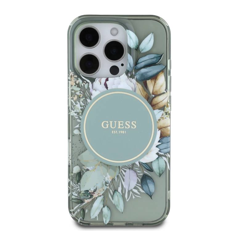 Guess Magsafe IML Transparent Hard Case with Flower Design & Tonal Circle Logo for iPhone 16 Pro Max, Lightweight, High Quality Material - Green
