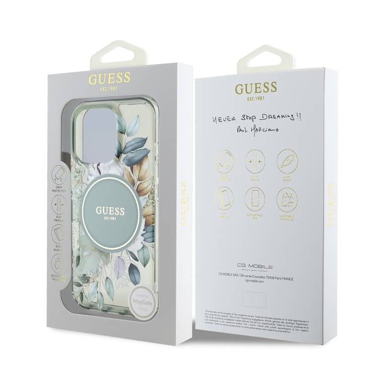 Guess Magsafe IML Transparent Hard Case with Flower Design & Tonal Circle Logo for iPhone 16 Pro Max, Lightweight, High Quality Material - Green