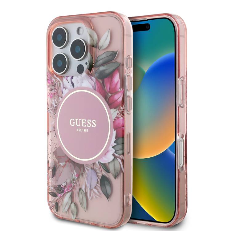 Guess Magsafe IML Transparent Hard Case with Flower Design & Tonal Circle Logo for iPhone 16 Pro Max, Lightweight, High Quality Material - Pink
